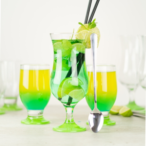 Szklanki do drinków, koktajli z zieloną stopką - zestaw 18 el. (12 szkl. + 6 łyż.)
