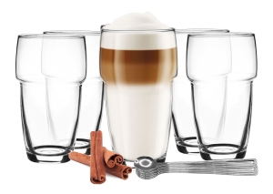 Szklanki do latte, kawy, drinków - zestaw 12 el. (6 szkl. + 6 łyż.)