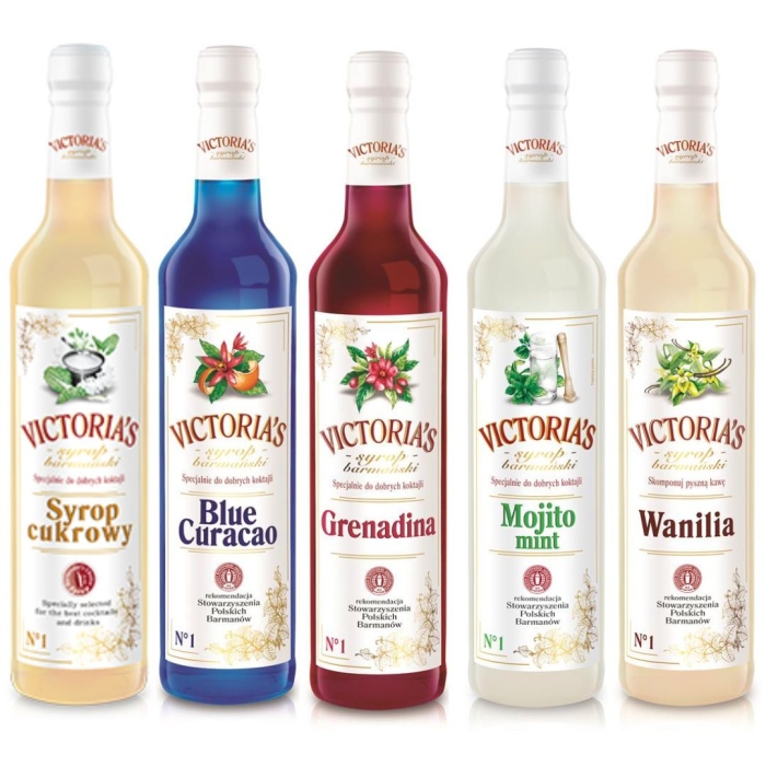 Zestaw syropów do drinków Blue Curacao, Grenadina, Cukrowy, Wanilia, Mojito Mint 490 ml x 5