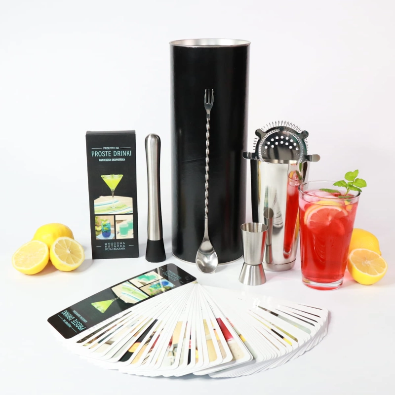 Zestaw barmański do drinków Boston na prezent w eleganckiej tubie z książką Proste drinki
