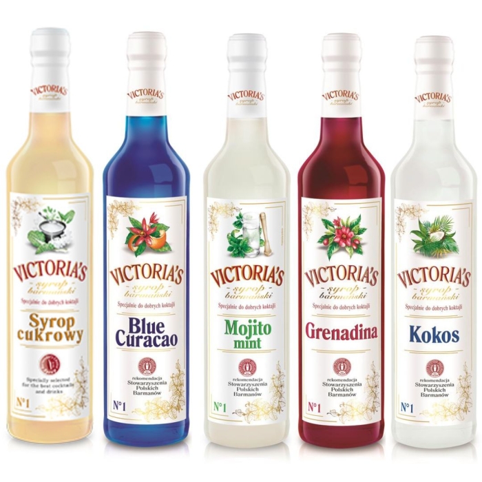 Zestaw syropów do drinków Blue Curacao, Grenadina, Cukrowy, Kokos, Mojito Mint 490 ml x 5