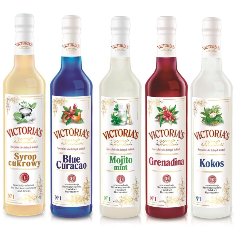 Zestaw syropów do drinków Blue Curacao, Grenadina, Cukrowy, Kokos, Mojito Mint 490 ml x 5
