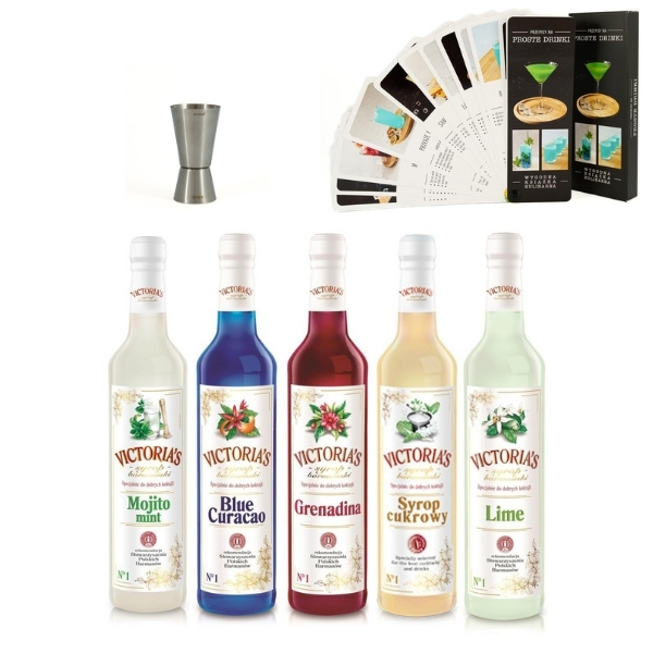 Zestaw 5 syropów Mojito Minto, Limonka, Blue Curacao, Grenadina, Cukrowy 490 ml z miarką 50 i 25 ml i książką PROSTE DRINKI