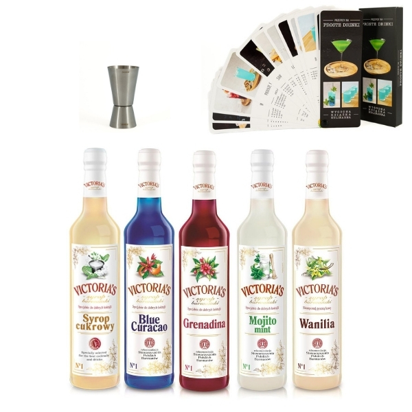 Zestaw 5 syropów Blue Curacao, Grenadina, Cukrowy, Wanilia, Mojito Mint 490 ml z miarką 50 i 25 ml oraz książką PROSTE DRINKI