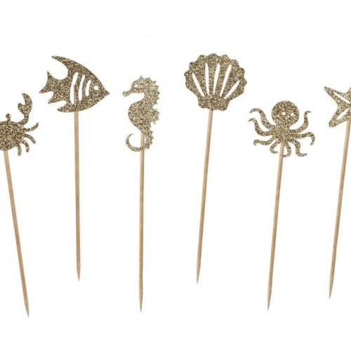 Pikery do babeczek, do drinków, wykałaczki Podwodny świat złoty brokat 6 szt